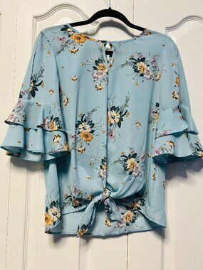 Sara Michelle Floral Cold Shoulder Ruffle Top Light Blue Small